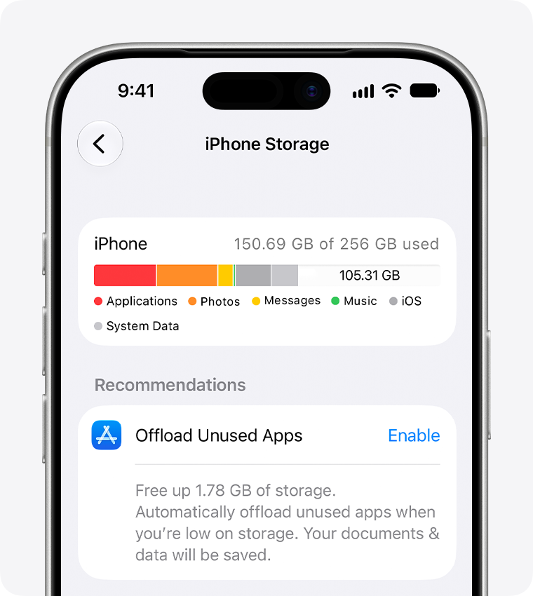إعدادات مساحة تخزين iPhone ضمن خطوات حل مشكلة بطء الهاتف