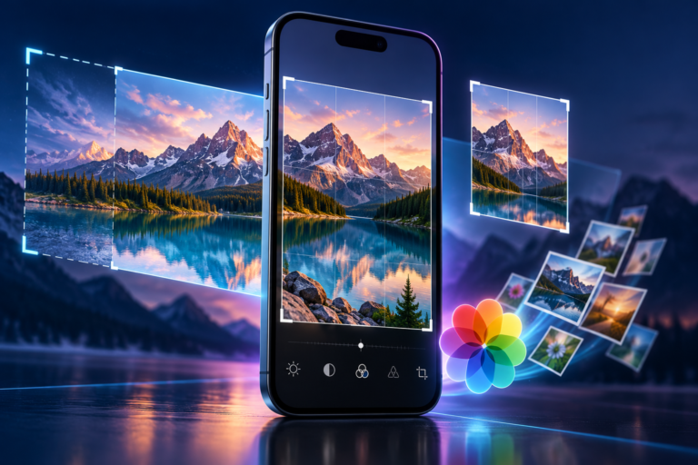 رسم توضيحي لمميزات تطبيق الصور في الآيفون وأدوات تعديل الصور في iOS 27