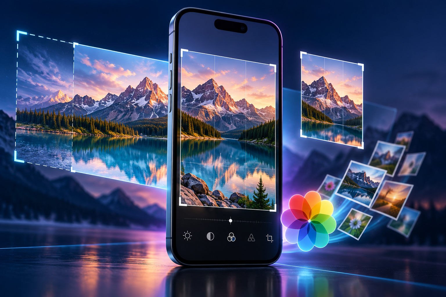 رسم توضيحي لمميزات تطبيق الصور في الآيفون وأدوات تعديل الصور في iOS 27